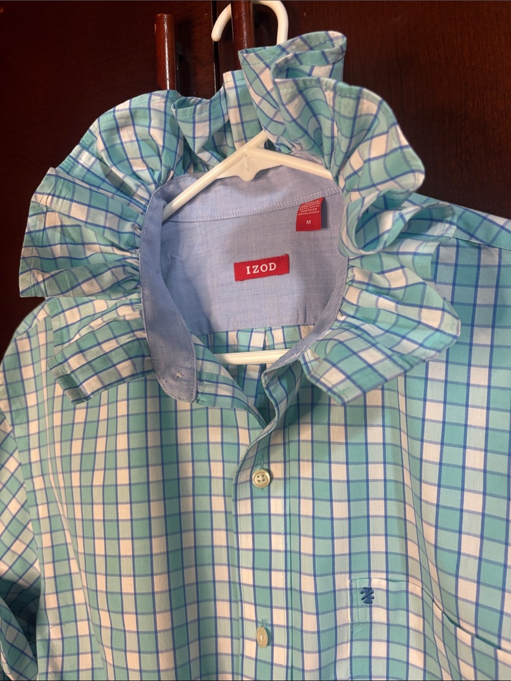 Upcycled/Reloved Izod Aqua/White Plaid Ruffle Collar Shirt